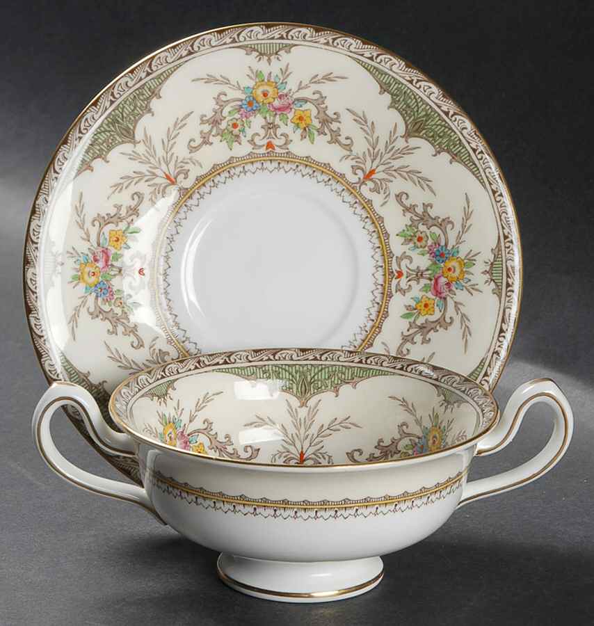 Chatham Green Ivory Footed Cream Soup Bowl & Saucer Set by Minton-1