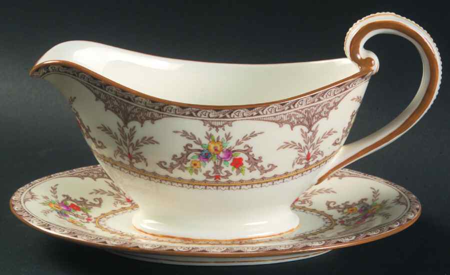 Chatham Brown Ivory Gravy Boat with Attached Underplate by Minton-1