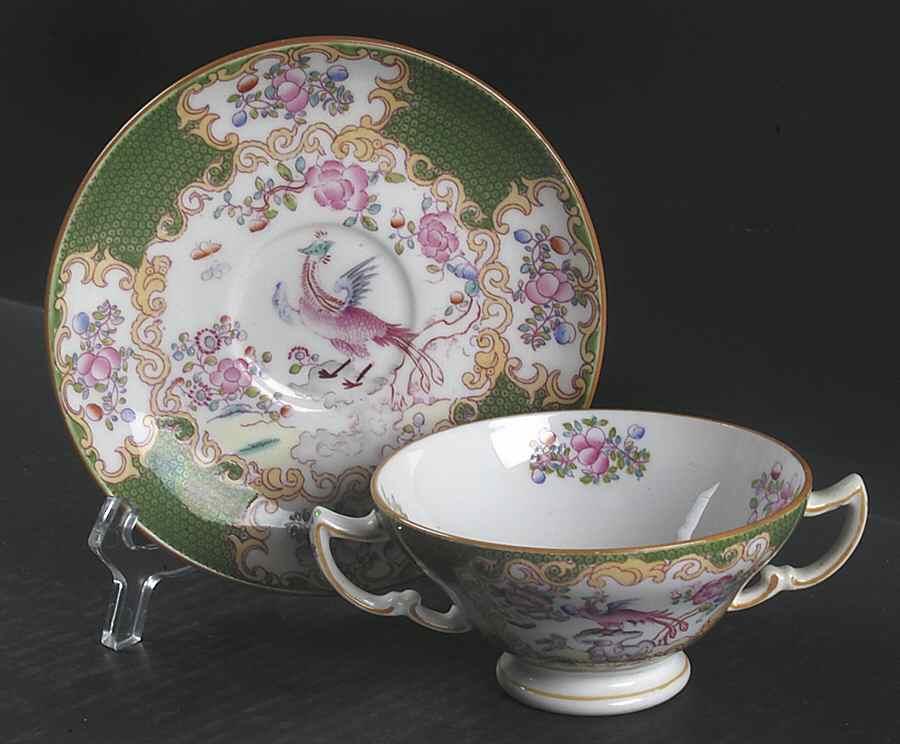 Cockatrice Green (Smooth, Globe Backstmp) Footed Bouillon Cup & Saucer by Minton-1