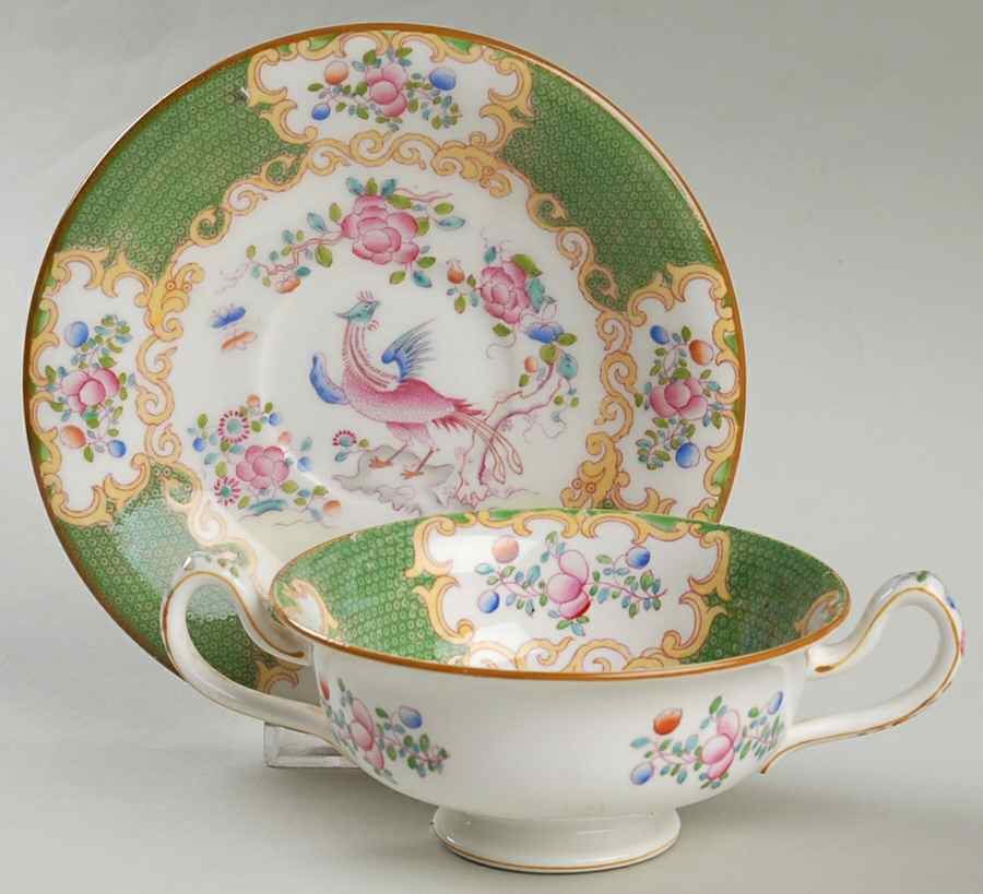 Cockatrice Green (Smooth, Globe Backstmp) Footed Cream Soup Bowl & Saucer Set by Minton-1