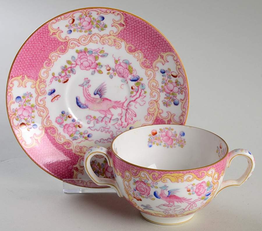 Cockatrice Pink (Smooth, Wreath Backstamp) Flat Bouillon Cup & Saucer by Minton-1