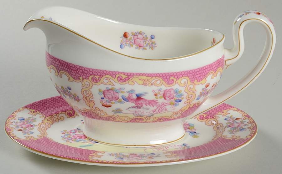 Cockatrice Pink (Smooth, Wreath Backstamp) Gravy Boat & Underplate/Relish by Minton-1