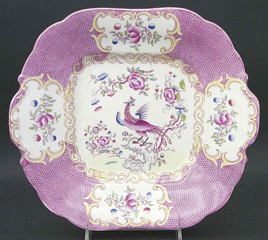 Cockatrice Pink (Smooth, Wreath Backstamp) Square Handled Cake Plate by Minton-1