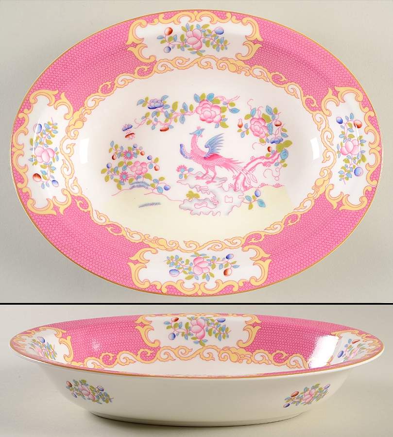 Cockatrice Pink (Smooth, Wreath Backstamp) 10" Oval Vegetable Bowl by Minton-1