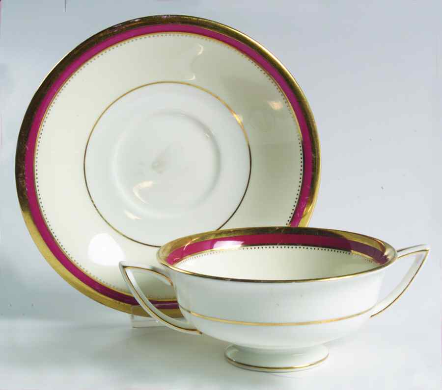 Crimson Ivory Footed Bouillon Cup & Saucer by Minton-1