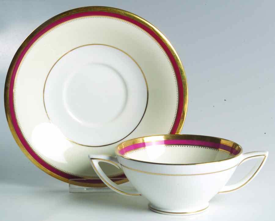 Crimson Ivory Footed Cream Soup Bowl & Saucer Set by Minton-1