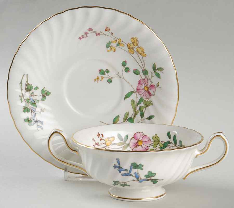 Dainty Sprays Footed Cream Soup Bowl & Saucer Set by Minton-1