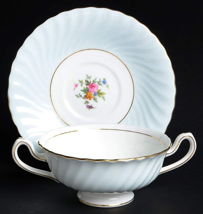 Dawn Blue Footed Cream Soup Bowl & Saucer Set by Minton-1