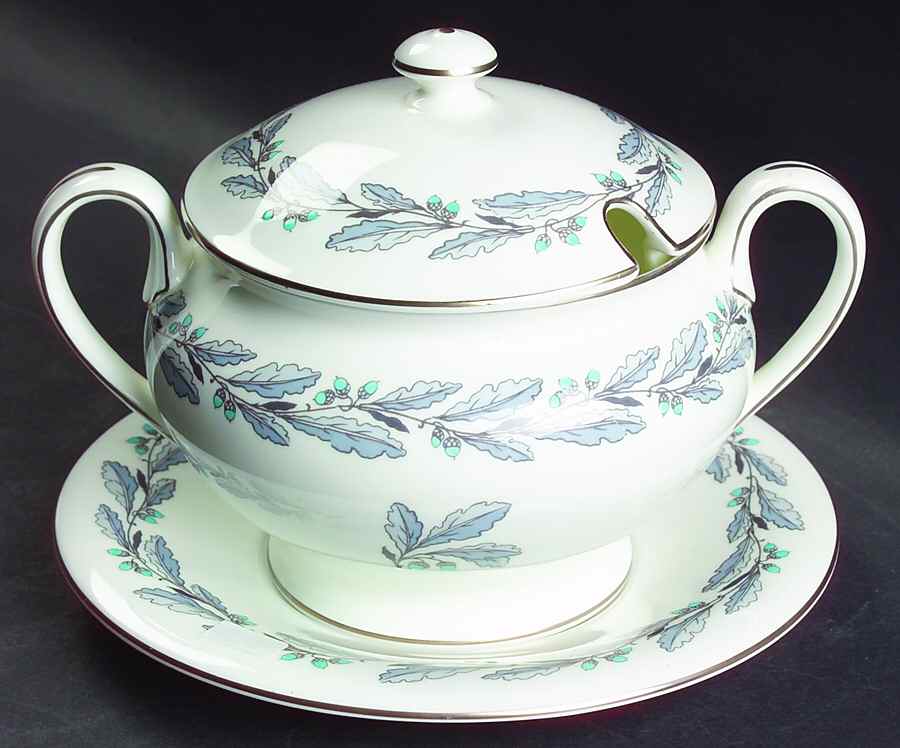 Elizabethan Oak (Blue Gray, #S641) Sauce Boat & Lid with Underplate by Minton-1
