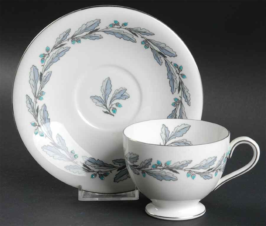 Elizabethan Oak (Blue Gray, #S641) Footed Cup & Saucer Set by Minton-1