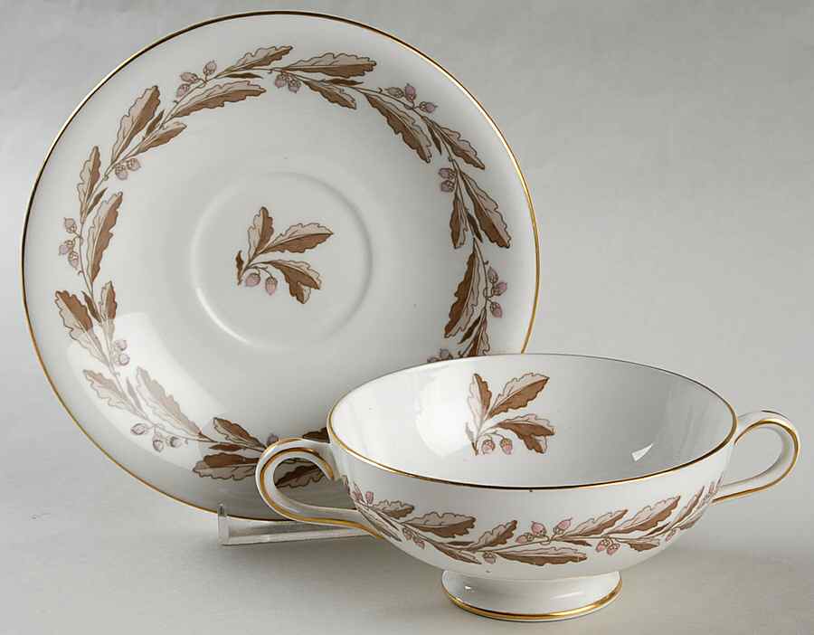 Elizabethan Oak Brown Footed Cream Soup Bowl & Saucer Set by Minton-1