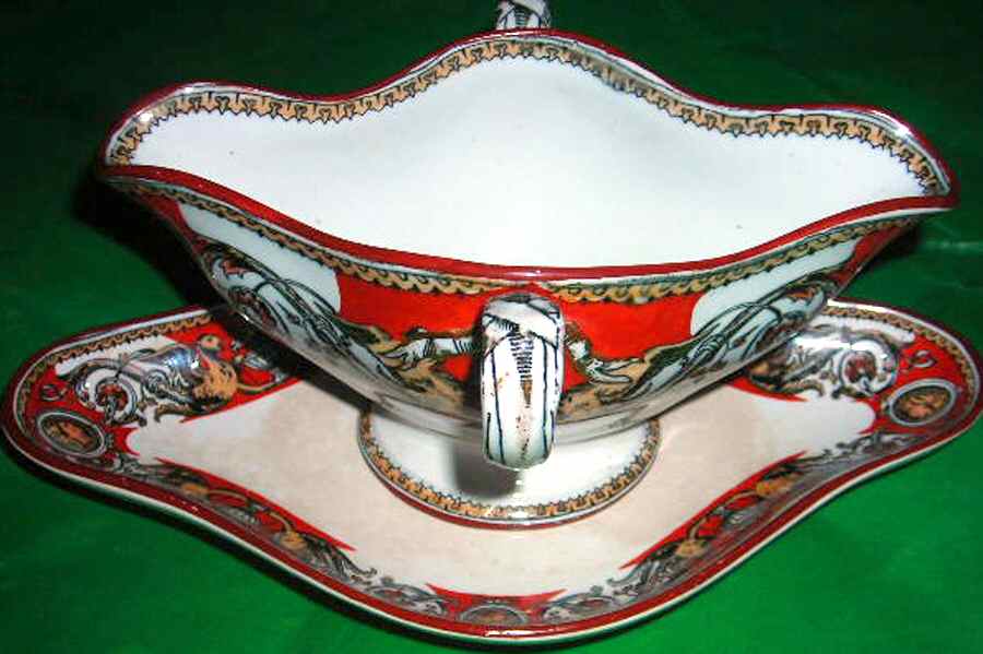 Florentine Red (No Center) Gravy Boat with Attached Underplate by Minton-1