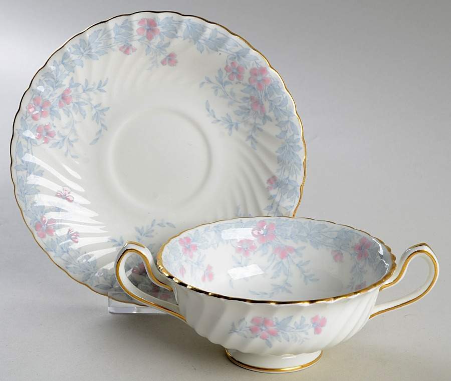 Garden Pinks Pink and Grey Footed Cream Soup Bowl & Saucer Set by Minton-1