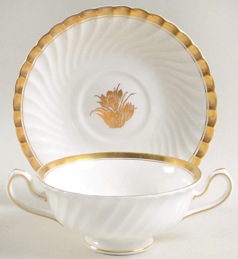 Gold Crocus Footed Cream Soup Bowl & Saucer Set by Minton-1