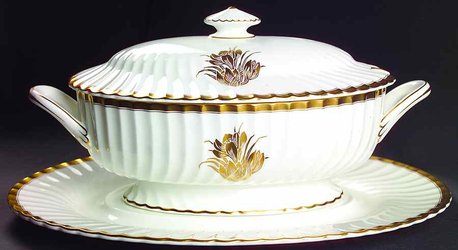 Gold Crocus Oval Tureen & Lid with Underplate by Minton-1