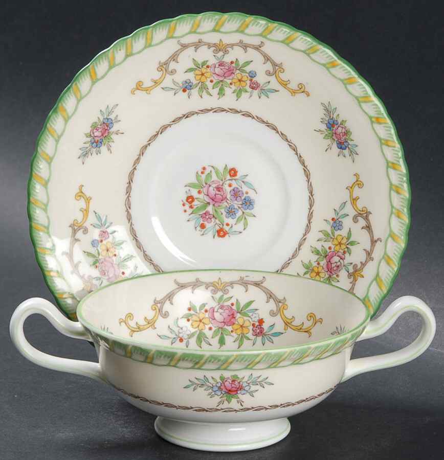 Lady Hamilton Footed Cream Soup Bowl & Saucer Set by Minton-1