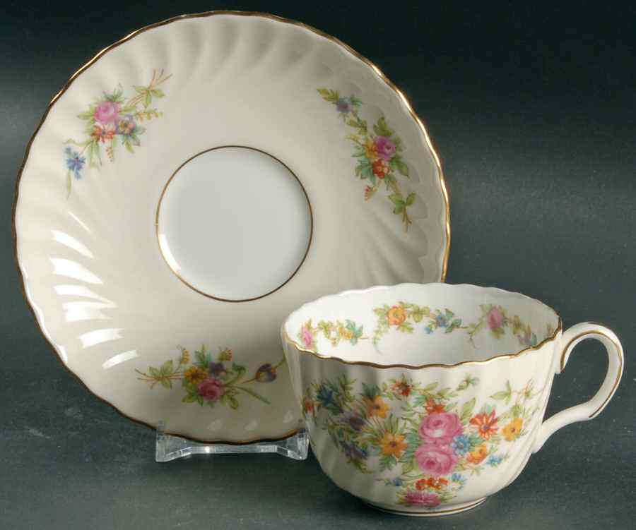 Lorraine (#S561, Cream Border) Flat Cup & Saucer Set by Minton-1