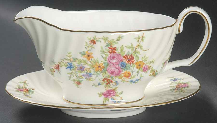 Lorraine (#S561, Cream Border) Gravy Boat with Attached Underplate by Minton-1