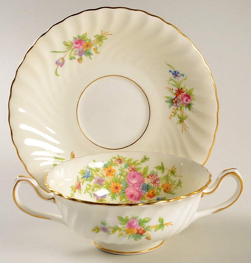 Lorraine (#S561, Cream Border) Footed Cream Soup Bowl & Saucer Set by Minton-1