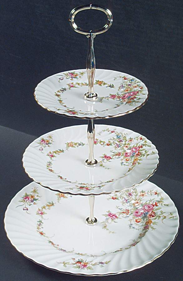 Lorraine (#S560, White Border) 13 7/8"-14 1/4" 3-Tiered Serving Tray(DP,SP,BB) HC by Minton-1