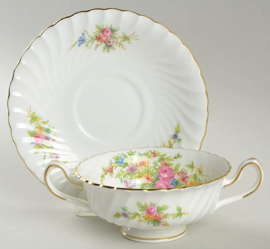 Lorraine (#S560, White Border) Footed Cream Soup Bowl & Saucer Set by Minton-1