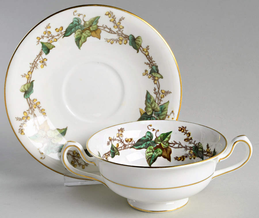 Lothian (Wreath Backstamp) Footed Cream Soup Bowl & Saucer Set by Minton-1