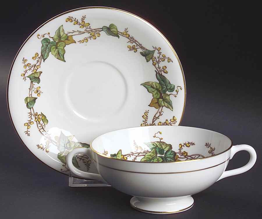 Lothian (Wreath Backstamp) Footed Cream Soup Bowl & Saucer Set by Minton-1