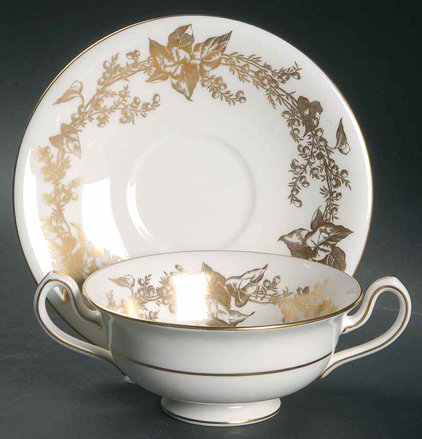 Lothian Gold Footed Cream Soup Bowl & Saucer Set by Minton-1