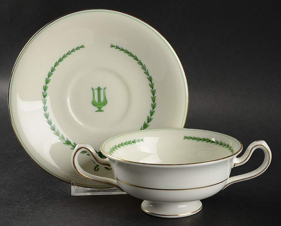 Lyre Green Footed Cream Soup Bowl & Saucer Set by Minton-1