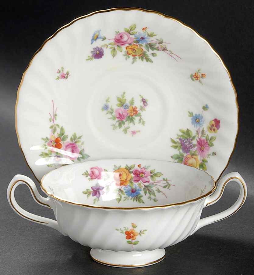 Marlow (Older, Globe Backstamp) Footed Cream Soup Bowl & Saucer Set by Minton-1