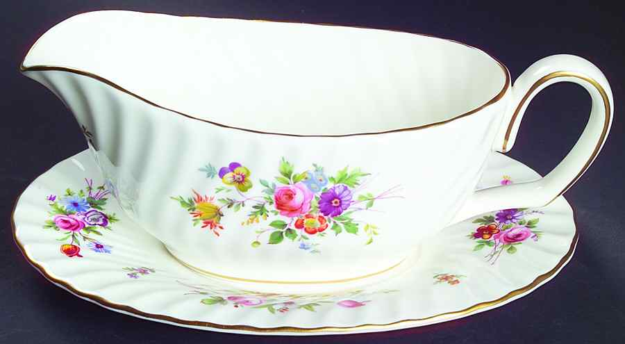 Marlow (Newer, Wreath Backstamp) Gravy Boat & Underplate by Minton-1