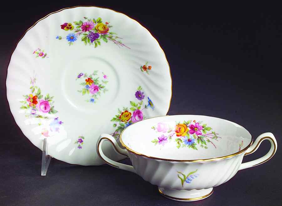 Marlow (Newer, Wreath Backstamp) Footed Cream Soup Bowl & Saucer Set by Minton-1