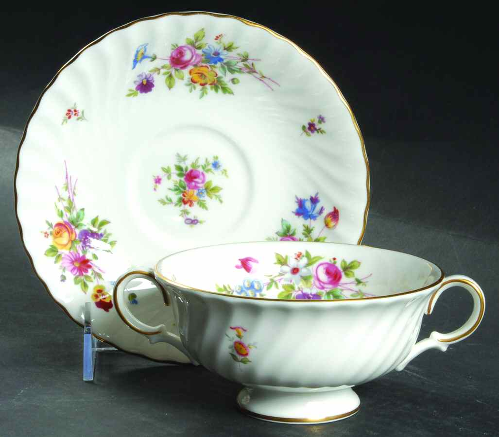 Marlow (Newer, Wreath Backstamp) Footed Cream Soup Bowl & Saucer Set by Minton-1