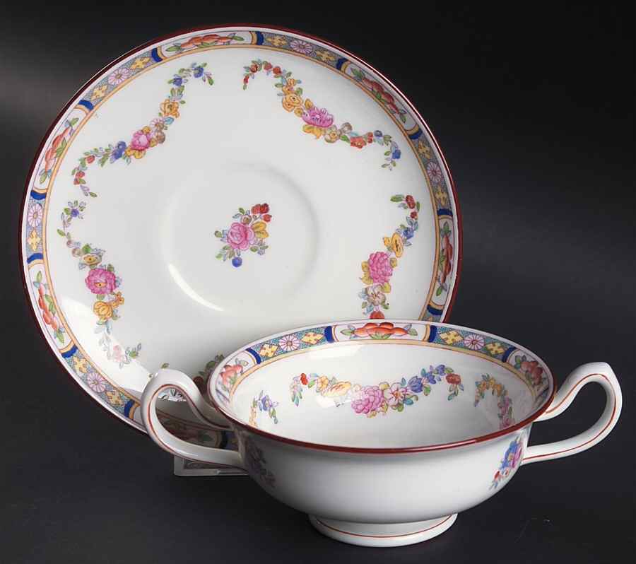 Minton Rose (Older, Smooth) Footed Cream Soup Bowl & Saucer Set by Minton-1