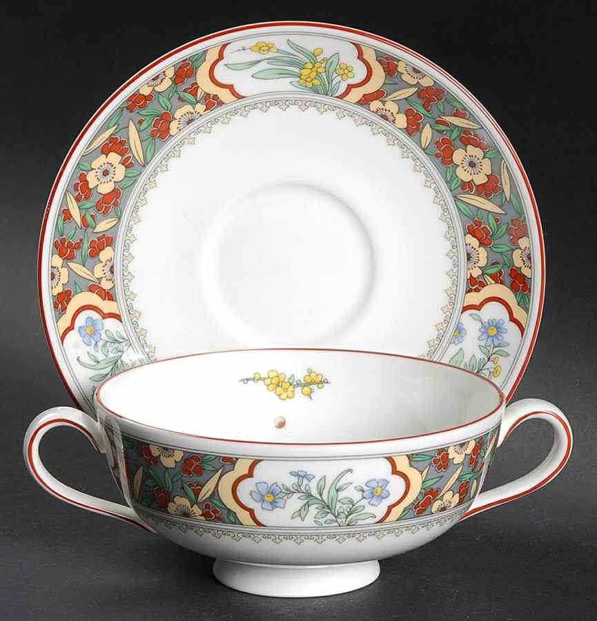Oriental Blossom (Center Design) Footed Cream Soup Bowl & Saucer Set by Minton-1