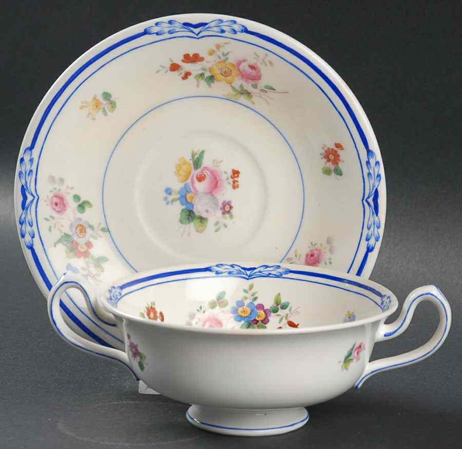 Queen Anne (Blue Trim) Footed Cream Soup Bowl & Saucer Set by Minton-1