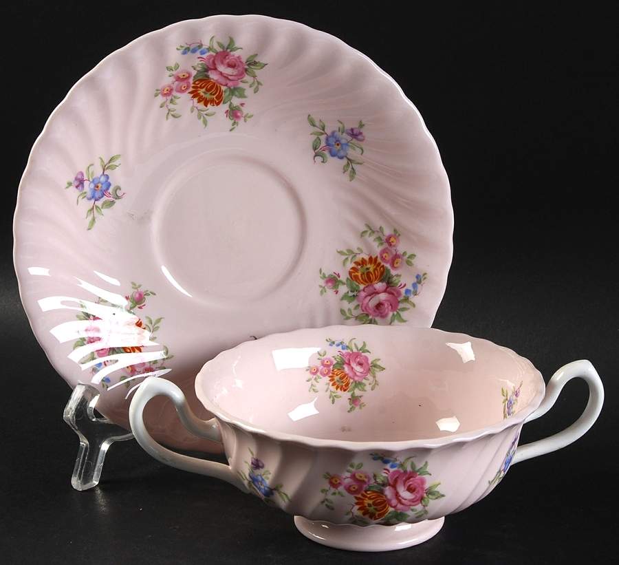 Rosetta Pink Footed Cream Soup Bowl & Saucer Set by Minton-1