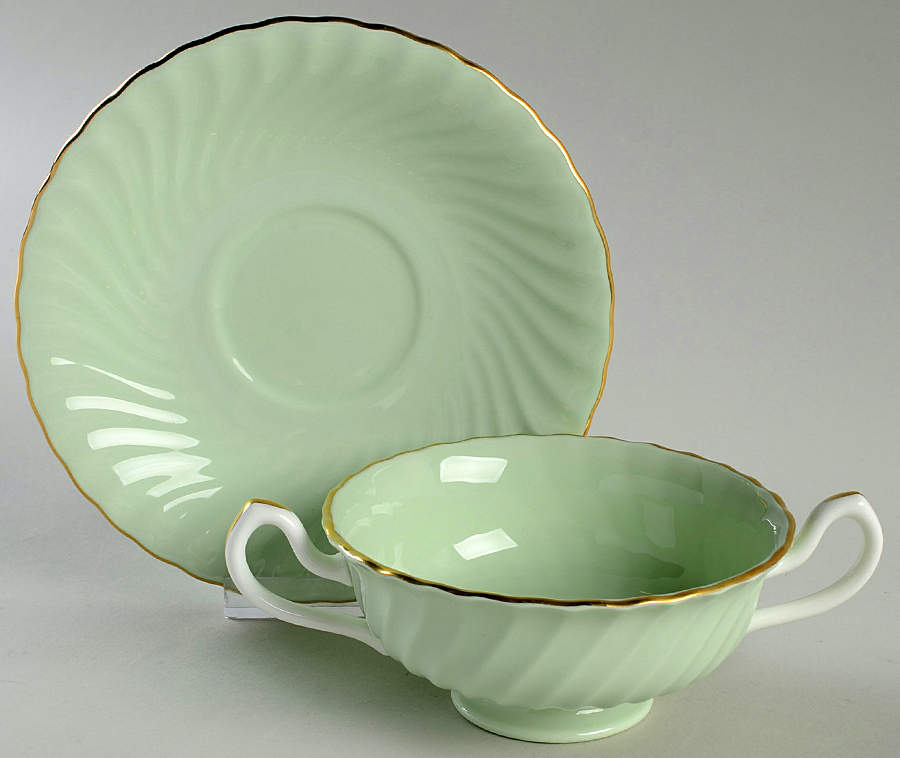Shell Green and Gold Footed Cream Soup Bowl & Saucer Set by Minton-1
