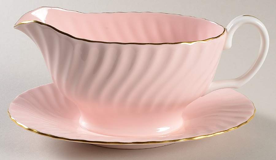 Shell Pink and Gold Gravy Boat with Attached Underplate by Minton-1