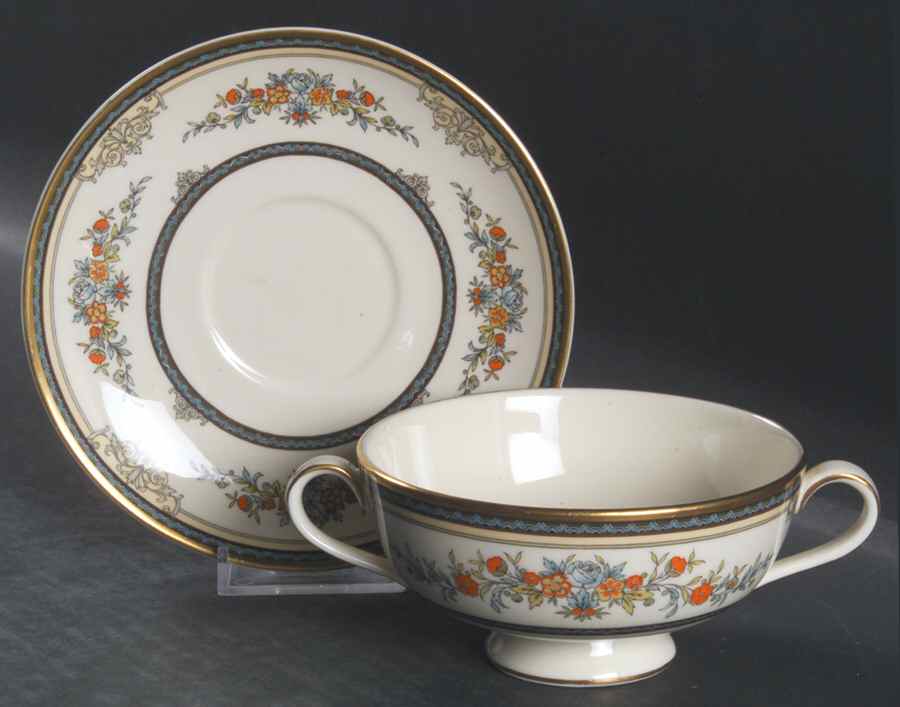 Stanwood (Gold Trim) Footed Cream Soup Bowl & Cup Saucer Set by Minton-1