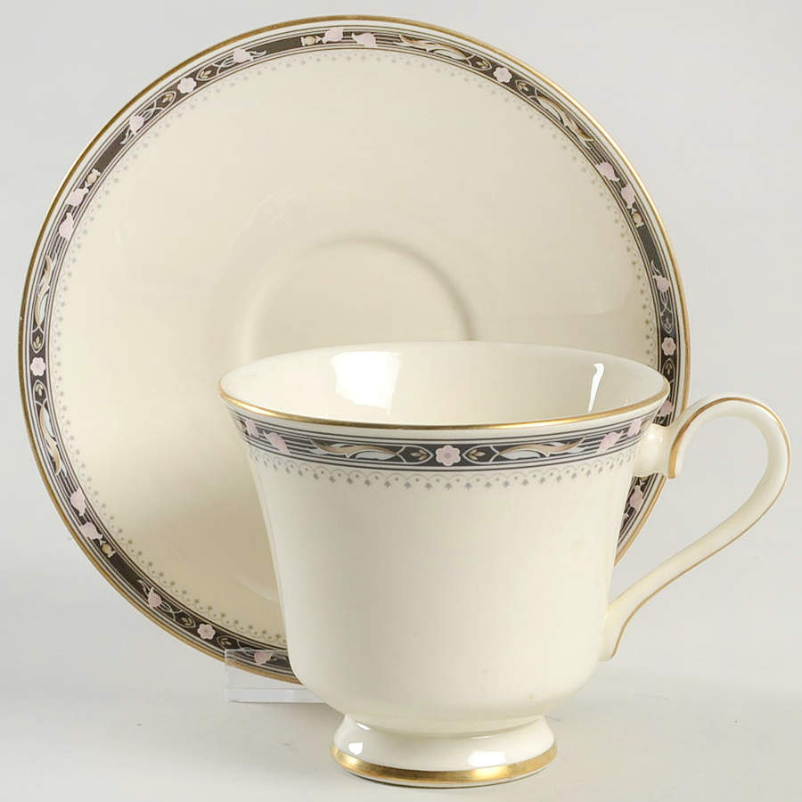 Warwick (Black Border, Pink Flowers) Footed Cup & Saucer Set by Minton-1