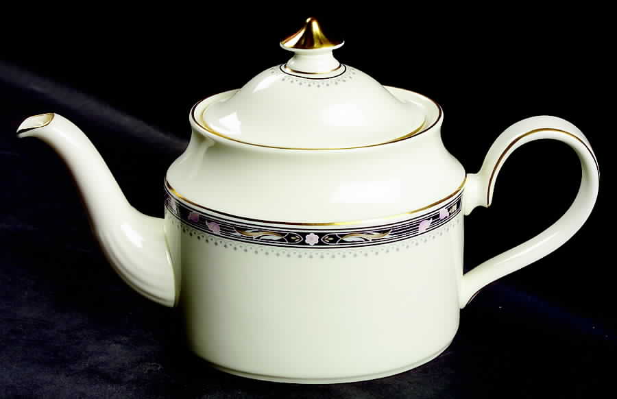 Warwick (Black Border, Pink Flowers) Teapot & Lid by Minton-1