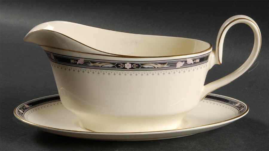 Warwick (Black Border, Pink Flowers) Gravy Boat & Underplate by Minton-1