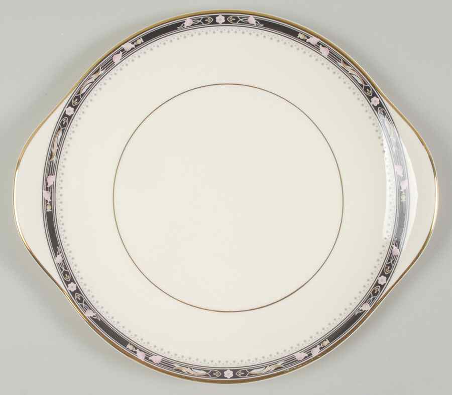 Warwick (Black Border, Pink Flowers) Handled Cake Plate by Minton-1