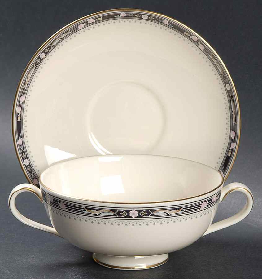 Warwick (Black Border, Pink Flowers) Footed Cream Soup Bowl & Saucer Set by Minton-1