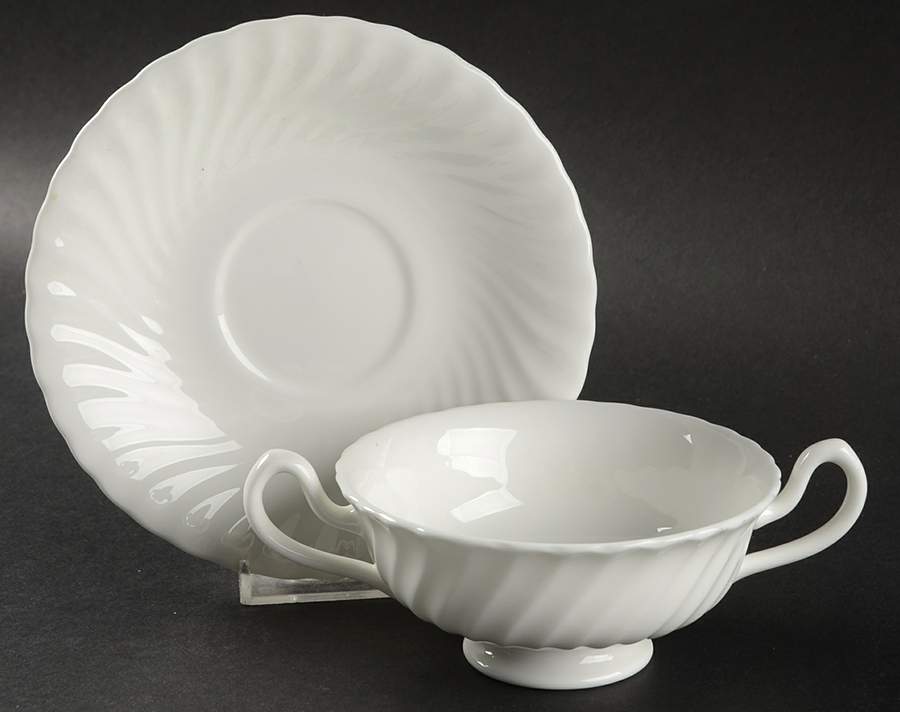 White Fife Footed Cream Soup Bowl & Saucer Set by Minton-1