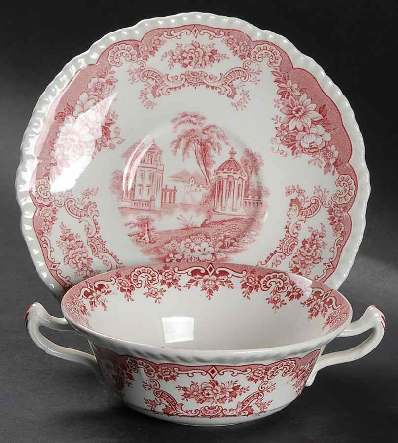 Bombay Red (Scalloped) Flat Cream Soup Bowl & Saucer Set by John Maddock & Sons-1