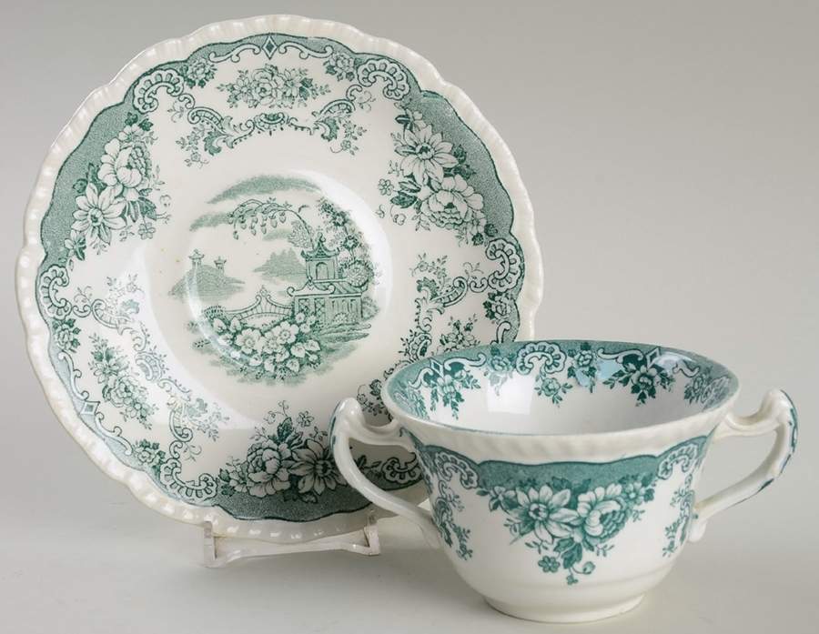 Bombay Green Flat Bouillon Cup & Saucer by John Maddock & Sons-1