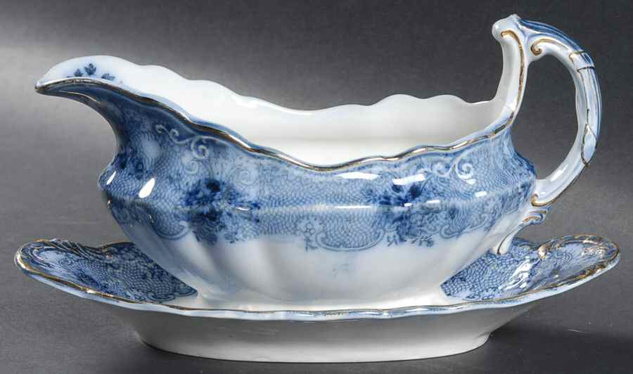 Gem (Flow Blue) Gravy Boat & Underplate by John Maddock & Sons-1