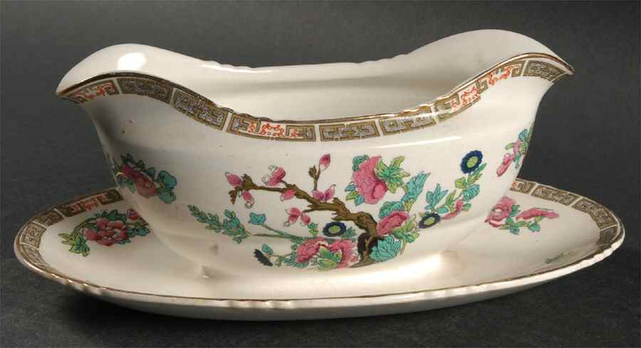 Indian Tree (Gold Trim, Semiscalloped) Gravy Boat with Attached Underplate by John Maddock & Sons-1